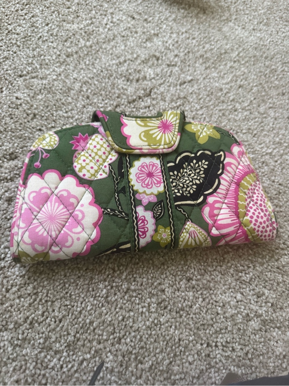 Vera Bradley Olive Green Floral Quilted Clutch with Pink Accents